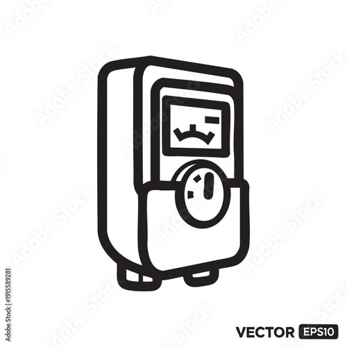 A simple line drawing of an electricity meter with a frowning face on its display screen viewed from the front