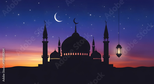 Beautiful mosque building with hanging lantern and crescent moon in starry night sky over desert hills at sunset during ramadan kareem celebration representing peaceful islamic holiday landscape scene