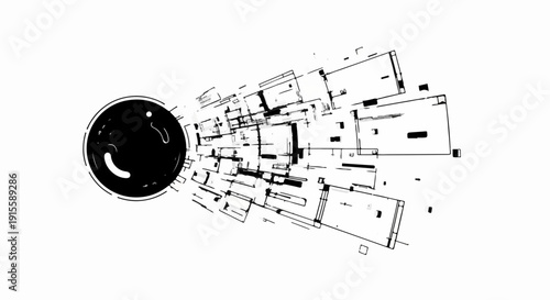 Abstract geometric composition with a large dark circle and scattered rectangular elements, representing data or network flow.