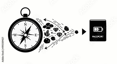 Compass guides precious gems and coins towards a passport, symbolizing travel and opportunity.