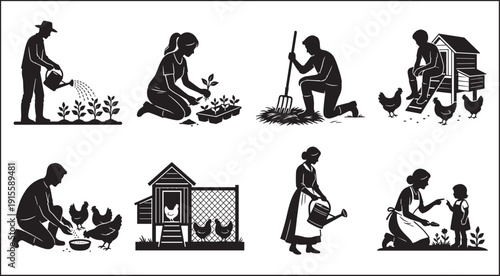 Agriculture and poultry farming silhouette set, farmers gardening watering planting chicken coop rural lifestyle collection