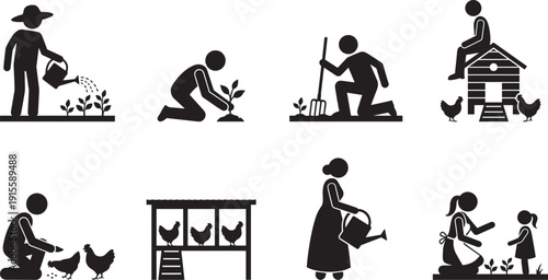 Agriculture and poultry farming icon set, farmer watering planting harvesting chicken coop rural silhouette collection
