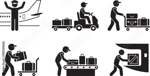 Airport baggage handling and ground crew icons set, black silhouette aviation cargo service operations