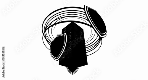 Abstract dark obelisk with orbiting circular elements and shield shapes on white background
