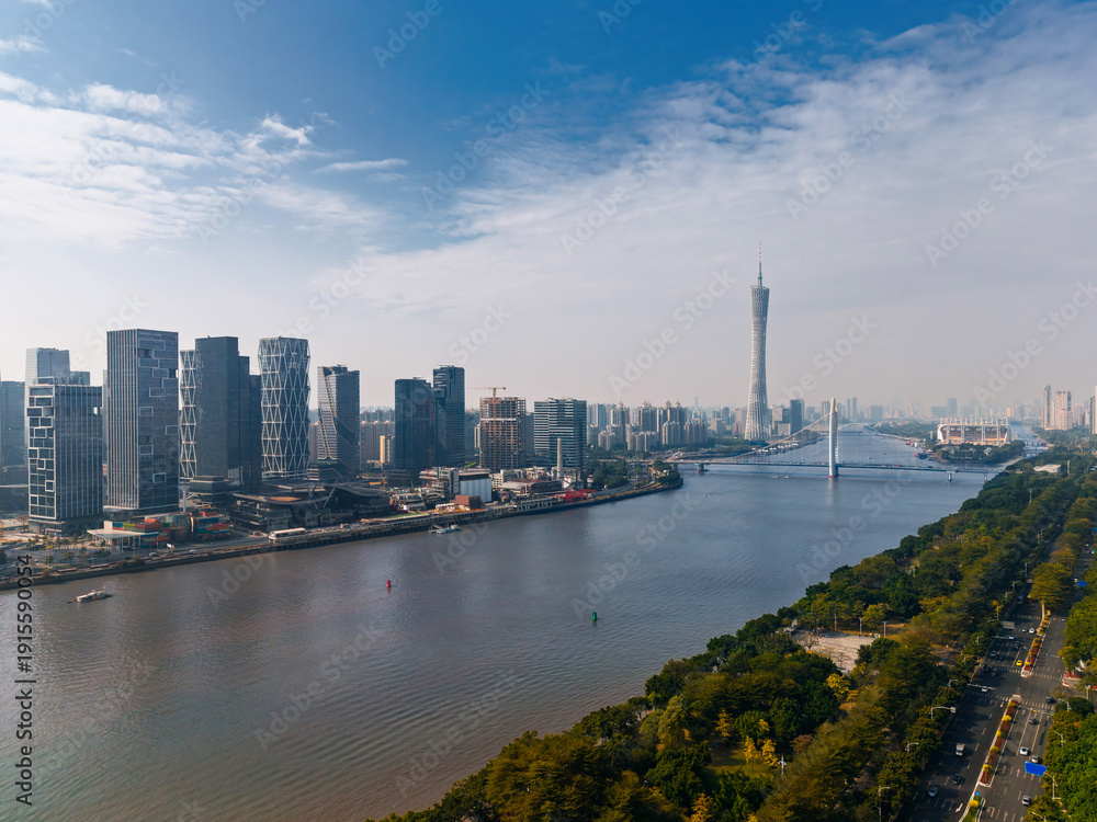 Obraz premium Aerial view of Guangzhou skyline featuring canton tower and pearl river China