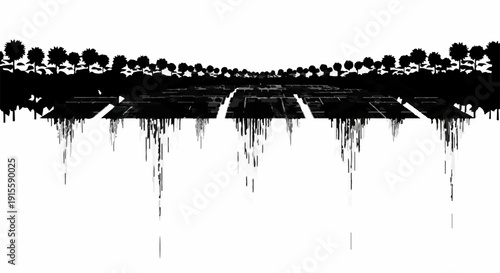 A vast, abstract landscape of silhouetted figures and geometric patterns creates a sense of scale and digital abstraction.