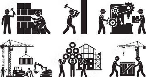 Construction industry worker silhouettes operating crane machinery brickwork steel structure factory manufacturing vector illustration set