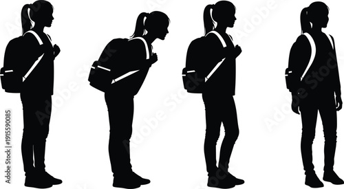 Backpack posture silhouette illustration set, four black icons standing leaning comparison human figure ergonomic design, vector artwork, lifestyle and educational theme, isolated background