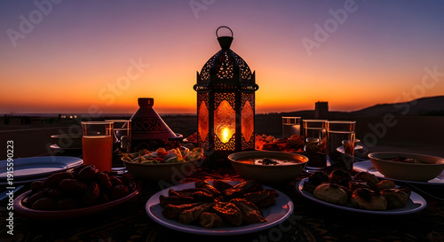 Iftar feast laid out on patterned fabric during sunset in desert, various dishes, dates, juices, traditional lantern centerpiece, glowing light, celebration, community, breaking fast, holiday