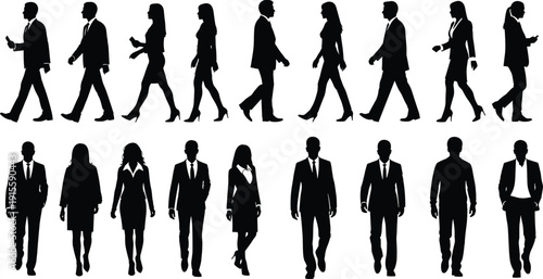 Business professional silhouette illustration set, men women walking standing corporate attire suit dress posture design, vector artwork, workplace and lifestyle theme, isolated background