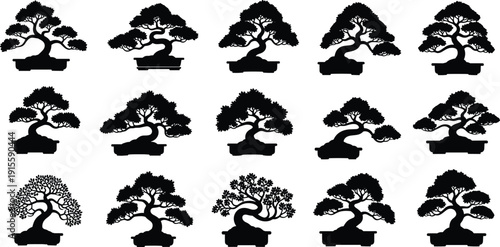 Bonsai tree silhouette illustration set, fifteen black icons unique foliage pruning style shallow pot design, vector artwork, botanical and decorative theme, isolated background