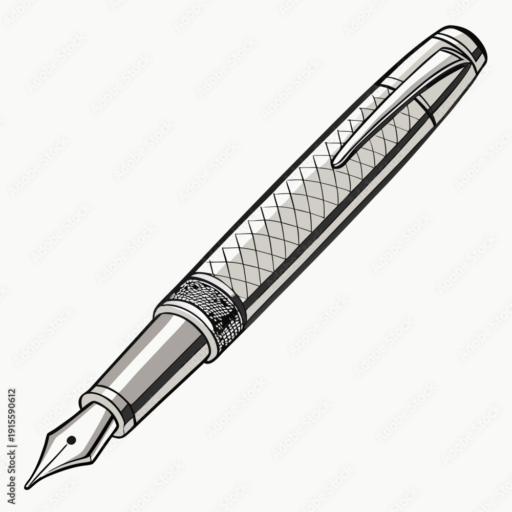 Fototapeta premium Elegant silver fountain pen with intricate diamond pattern and textured grip, isolated on white.