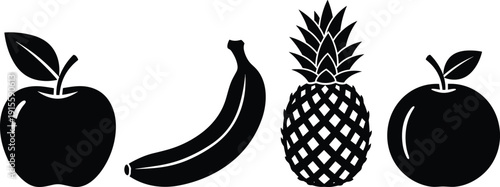 Fruit silhouette illustration set, four black icons apple banana pineapple leaf variation food design, vector artwork, culinary and lifestyle theme, isolated background