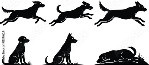 Dog silhouette illustration set, six black icons running sitting lying posture canine motion behavior outdoor grass design, vector artwork, animal and lifestyle theme, isolated background