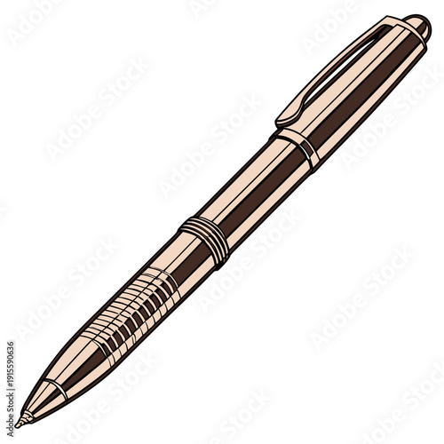 Smooth metallic ballpoint pen in champagne and brown tones with intricate grooved grip.