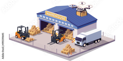 Modern warehouse logistics and fulfillment center with forklifts loading pallet boxes into delivery truck and drone shipping automation, isometric supply chain distribution hub for e commerce inventor