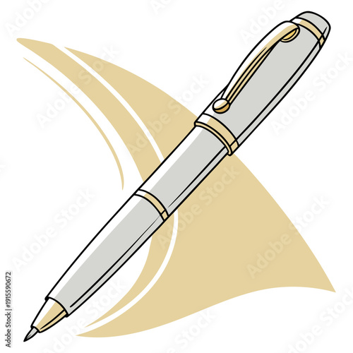 Silver and gold pen with abstract yellow wave background, conveying motion and professionalism.