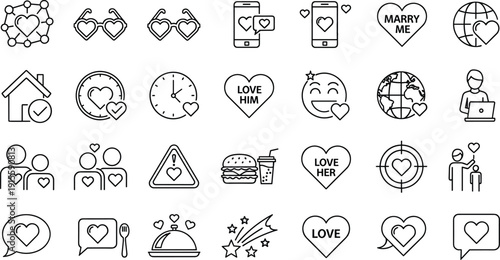 Modern love and relationship line icon set featuring romance, dating, marriage proposal, heart and social media symbols
