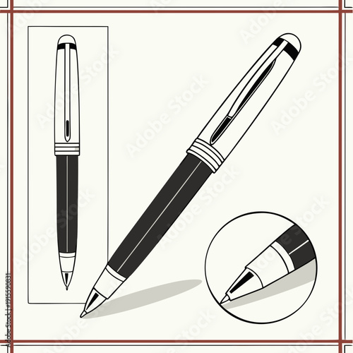 Elegant Illustration of Fountain and Rollerball Pens with Detailed Close-up Views and Decorative Frame
