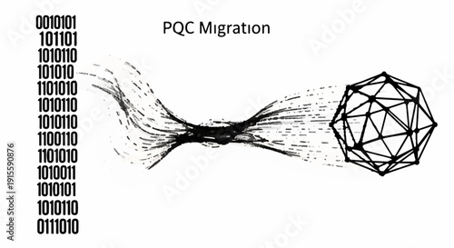 Binary code transforms into a complex geometric shape, symbolizing data migration and technological advancement.