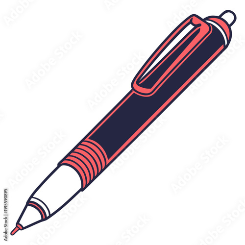 Modern ballpoint pen in dark blue and coral, minimalist illustration with outline.