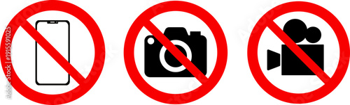 No photography, no video, no phone sign icons with red circle and slash on transparent background for public restriction design