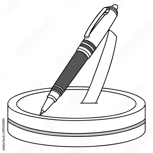 Modern Pen Displayed on a Circular Stand with a Custom Tag, Promotional Writing Instrument Illustration for Branding