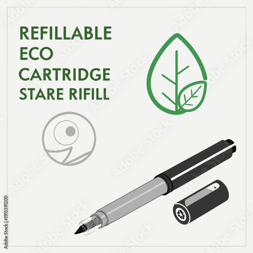 Isometric vector illustration of a refillable eco pen with cartridge, featuring leaf and recycling symbols, highlighting sustainable and environmentally friendly writing solutions.