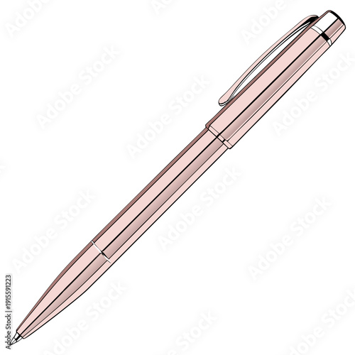 Luxurious rose gold metallic ballpoint pen, sleek and elegant, ideal for high-end stationery, professional branding, and sophisticated designs, isolated on white.
