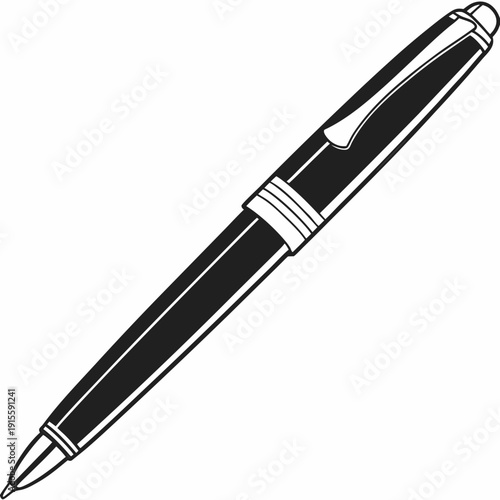 Professional Black Rollerball Pen Vector Art with Metallic Details for Office Supplies and Productivity