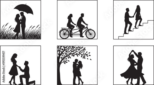 Romantic couple silhouette collection, love proposal dancing cycling umbrella kiss and relationship moments illustration set