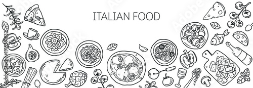 Hand drawn italian food sketch . Whimsical food and drink doodles. Hand drawn vector illustration for menu, packaging design. Italian cuisine quirky icons, simple sketch style. Minimalist line art