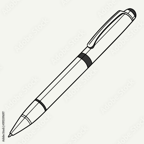 Minimalist Black and White Line Art Illustration of a Ballpoint Pen with Grey Accents. Basic and Professional Writing Instrument.