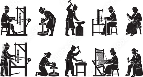 Traditional artisan silhouettes collection, blacksmith potter weaver craftsman handmade cultural heritage black vector illustration set