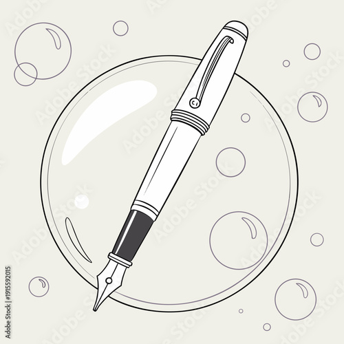 Conceptual Fountain Pen Illustration Floating in a Bubble, Representing Ideas and Imagination