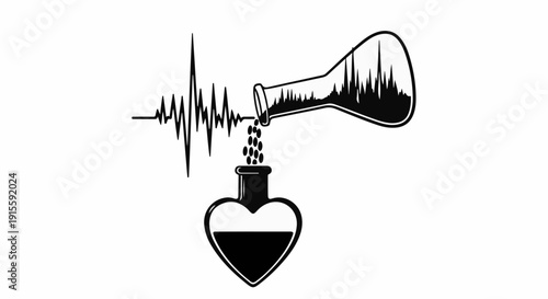 Heartbeat pulse flows into heart-shaped flask with bubbling liquid, symbolizing life and science.