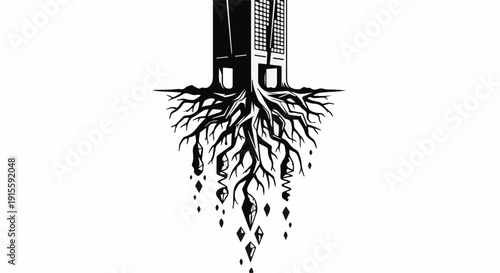 Abstract illustration of building roots with falling crystals on a white background symbolizing growth and decline.