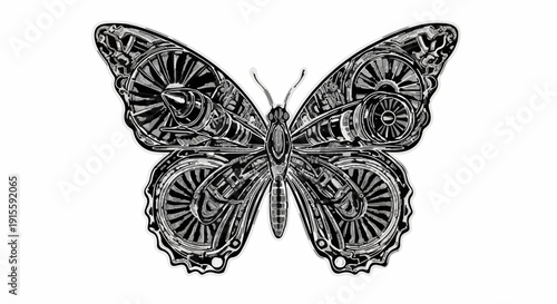 Intricate mechanical butterfly illustration with detailed gears and clockwork