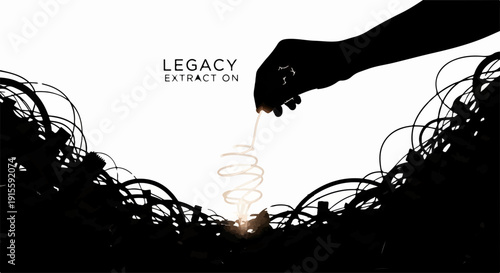 Hand carefully pulling a glowing thread from abstract organic growth, symbolizing creation and innovation.