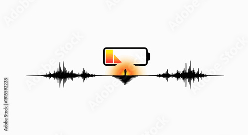Low battery icon above sound wave, symbolizing energy depletion and quietness