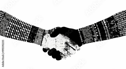 Diverse hands shaking in a symbol of unity and agreement, presented with a textured, graphic style.