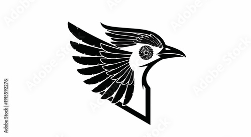 Stylized black and white illustration of a roadrunner bird head with sharp details and a dynamic wing.