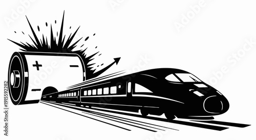 High-speed train emerges from a powerful battery, symbolizing electric energy and future transport.