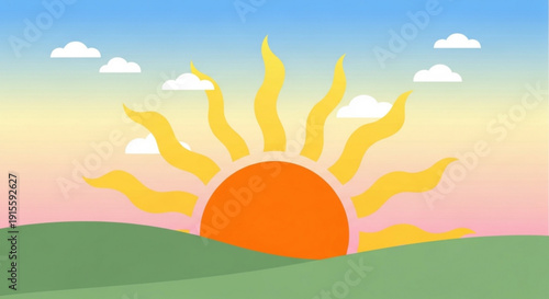 Bright sunrise over green hills with fluffy clouds a cheerful and optimistic graphic illustration for weather and nature concepts