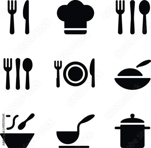 Cooking and Dining Utensil Icons Keywords: fork, knife, chef hat, fork, spoon, fork, spoon