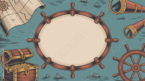 Retro nautical and pirate themed decorative elements, vintage border design with anchors and ropes