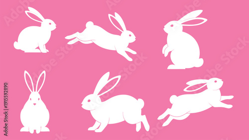 White rabbit silhouettes on pink background for design elements various poses vector silhouettes