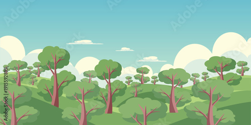 Stylized forest landscape with varied tree shapes and soft pastel tones. Ideal for children’s book art, environmental graphics, and nature-themed backgrounds.