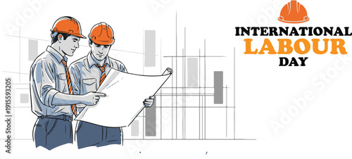 International labour day illustration with construction workers and cityscape background
