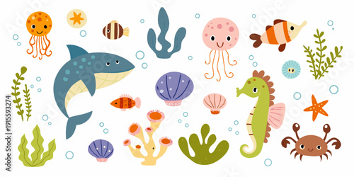 Colorful cartoon illustration of various sea creatures and ocean plants